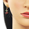 Oro Laminado Dangle Earring, Gold Filled Style Cherry Design, with Garnet and Green Cubic Zirconia, Polished, Golden Finish, 02.323.0097