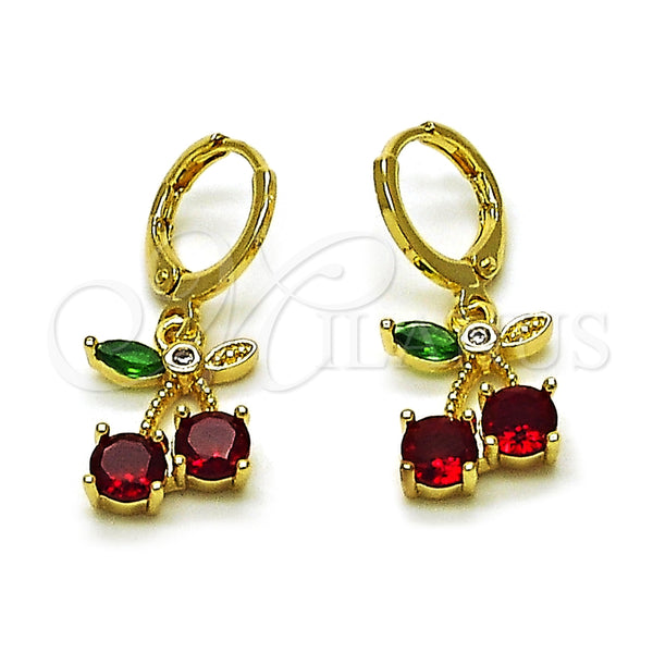 Oro Laminado Dangle Earring, Gold Filled Style Cherry Design, with Garnet and Green Cubic Zirconia, Polished, Golden Finish, 02.323.0097