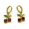 Oro Laminado Dangle Earring, Gold Filled Style Cherry Design, with Garnet and Green Cubic Zirconia, Polished, Golden Finish, 02.323.0097