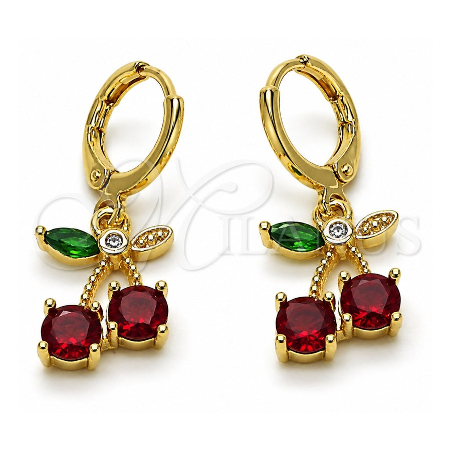 Oro Laminado Dangle Earring, Gold Filled Style Cherry Design, with Garnet and Green Cubic Zirconia, Polished, Golden Finish, 02.323.0097