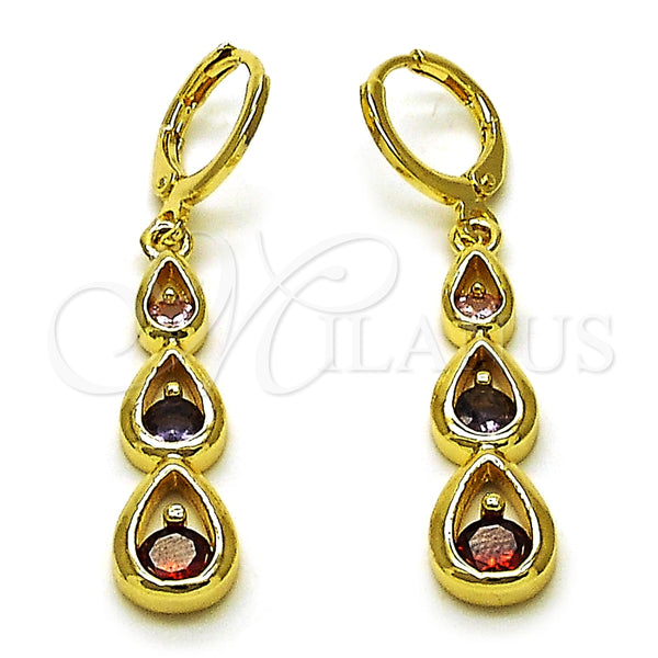 Oro Laminado Dangle Earring, Gold Filled Style Teardrop Design, with Multicolor Cubic Zirconia, Polished, Golden Finish, 02.323.0098