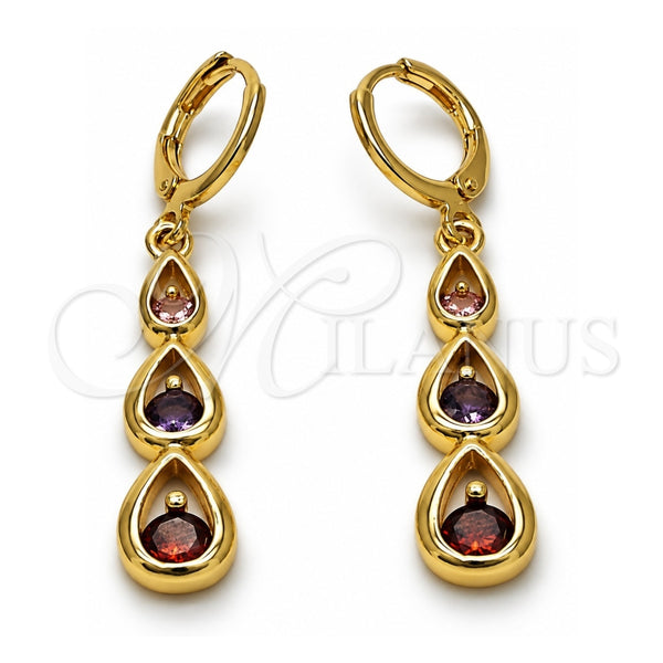 Oro Laminado Dangle Earring, Gold Filled Style Teardrop Design, with Multicolor Cubic Zirconia, Polished, Golden Finish, 02.323.0098