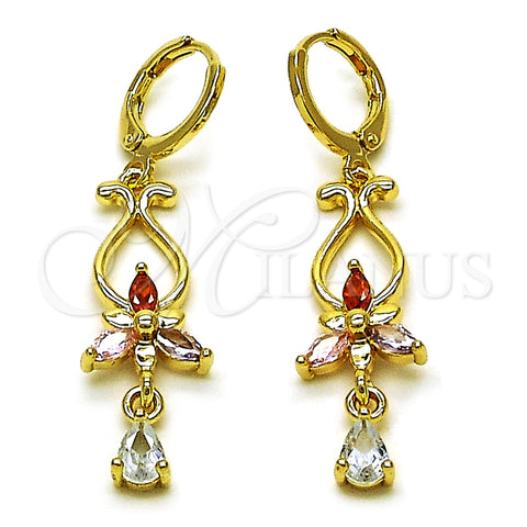 Oro Laminado Long Earring, Gold Filled Style Flower and Teardrop Design, with Multicolor Cubic Zirconia, Polished, Golden Finish, 02.323.0099