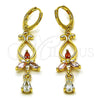 Oro Laminado Long Earring, Gold Filled Style Flower and Teardrop Design, with Multicolor Cubic Zirconia, Polished, Golden Finish, 02.323.0099