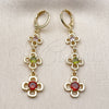 Oro Laminado Long Earring, Gold Filled Style Flower Design, with Multicolor Cubic Zirconia, Polished, Golden Finish, 02.323.0100