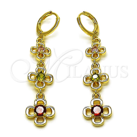 Oro Laminado Long Earring, Gold Filled Style Flower Design, with Multicolor Cubic Zirconia, Polished, Golden Finish, 02.323.0100