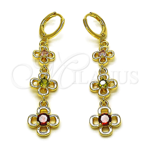 Oro Laminado Long Earring, Gold Filled Style Flower Design, with Multicolor Cubic Zirconia, Polished, Golden Finish, 02.323.0100
