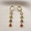Oro Laminado Long Earring, Gold Filled Style Cluster Design, with Multicolor Cubic Zirconia, Polished, Golden Finish, 02.323.0101