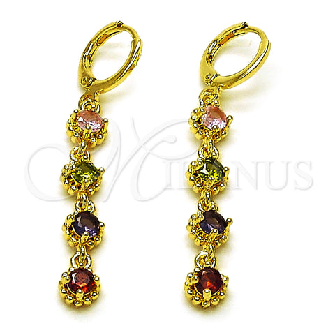 Oro Laminado Long Earring, Gold Filled Style Cluster Design, with Multicolor Cubic Zirconia, Polished, Golden Finish, 02.323.0101
