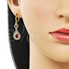 Oro Laminado Long Earring, Gold Filled Style Teardrop and Cluster Design, with Garnet and White Cubic Zirconia, Polished, Golden Finish, 02.323.0103