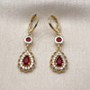 Oro Laminado Long Earring, Gold Filled Style Teardrop and Cluster Design, with Garnet and White Cubic Zirconia, Polished, Golden Finish, 02.323.0103