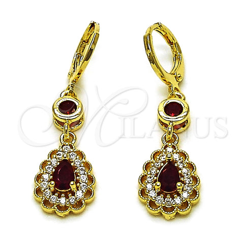 Oro Laminado Long Earring, Gold Filled Style Teardrop and Cluster Design, with Garnet and White Cubic Zirconia, Polished, Golden Finish, 02.323.0103