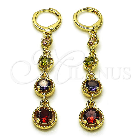 Oro Laminado Long Earring, Gold Filled Style with Multicolor Cubic Zirconia, Polished, Golden Finish, 02.323.0104