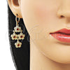 Oro Laminado Long Earring, Gold Filled Style Flower and Cluster Design, with Garnet and White Cubic Zirconia, Polished, Golden Finish, 02.323.0105