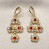 Oro Laminado Long Earring, Gold Filled Style Flower and Cluster Design, with Garnet and White Cubic Zirconia, Polished, Golden Finish, 02.323.0105