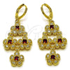 Oro Laminado Long Earring, Gold Filled Style Flower and Cluster Design, with Garnet and White Cubic Zirconia, Polished, Golden Finish, 02.323.0105