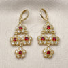 Oro Laminado Long Earring, Gold Filled Style Flower and Cluster Design, with Garnet and White Cubic Zirconia, Polished, Golden Finish, 02.323.0105