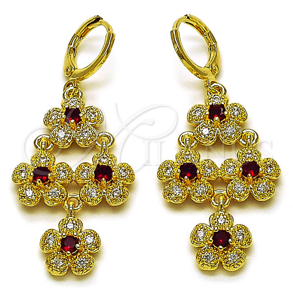 Oro Laminado Long Earring, Gold Filled Style Flower and Cluster Design, with Garnet and White Cubic Zirconia, Polished, Golden Finish, 02.323.0105