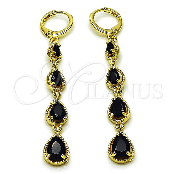 Oro Laminado Long Earring, Gold Filled Style Teardrop Design, with Black Cubic Zirconia, Polished, Golden Finish, 02.323.0106