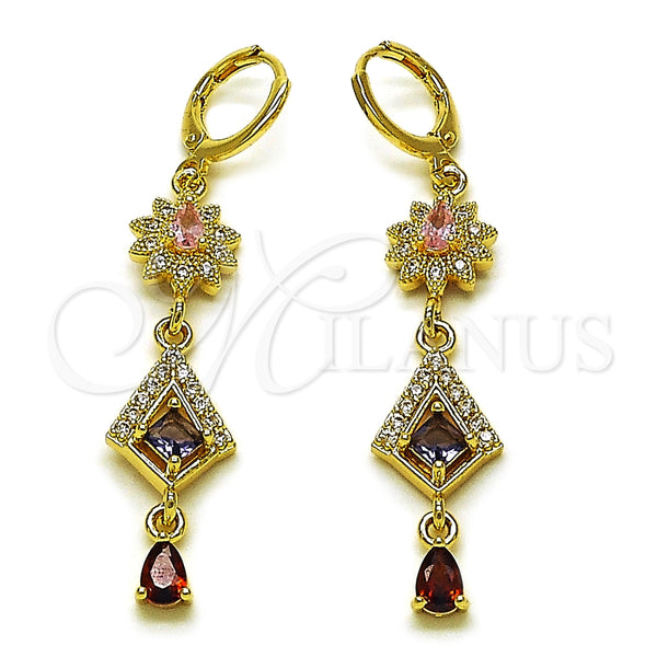 Oro Laminado Long Earring, Gold Filled Style Flower and Teardrop Design, with Multicolor and White Cubic Zirconia, Polished, Golden Finish, 02.323.0107