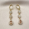 Oro Laminado Long Earring, Gold Filled Style Flower and Teardrop Design, with Champagne and White Cubic Zirconia, Polished, Golden Finish, 02.323.0108