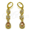 Oro Laminado Long Earring, Gold Filled Style Flower and Teardrop Design, with Champagne and White Cubic Zirconia, Polished, Golden Finish, 02.323.0108