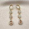 Oro Laminado Long Earring, Gold Filled Style Flower and Teardrop Design, with Champagne and White Cubic Zirconia, Polished, Golden Finish, 02.323.0108