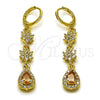 Oro Laminado Long Earring, Gold Filled Style Flower and Teardrop Design, with Champagne and White Cubic Zirconia, Polished, Golden Finish, 02.323.0108