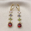 Oro Laminado Long Earring, Gold Filled Style Cluster Design, with Multicolor Cubic Zirconia and White Micro Pave, Polished, Golden Finish, 02.323.0109