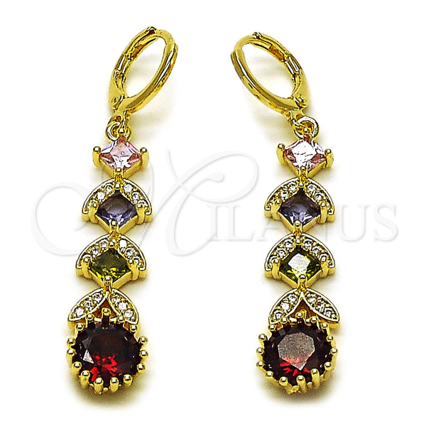 Oro Laminado Long Earring, Gold Filled Style Cluster Design, with Multicolor Cubic Zirconia and White Micro Pave, Polished, Golden Finish, 02.323.0109
