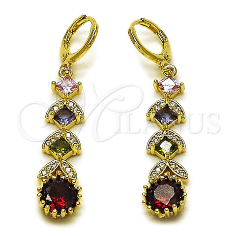 Oro Laminado Long Earring, Gold Filled Style Cluster Design, with Multicolor Cubic Zirconia and White Micro Pave, Polished, Golden Finish, 02.323.0109