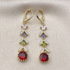 Oro Laminado Long Earring, Gold Filled Style Cluster Design, with Multicolor Cubic Zirconia and White Micro Pave, Polished, Golden Finish, 02.323.0109