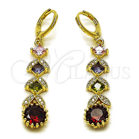Oro Laminado Long Earring, Gold Filled Style Cluster Design, with Multicolor Cubic Zirconia and White Micro Pave, Polished, Golden Finish, 02.323.0109