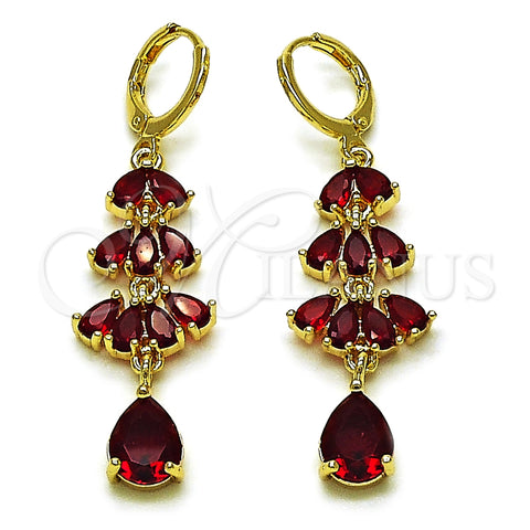 Oro Laminado Long Earring, Gold Filled Style Teardrop Design, with Garnet Cubic Zirconia, Polished, Golden Finish, 02.323.0110