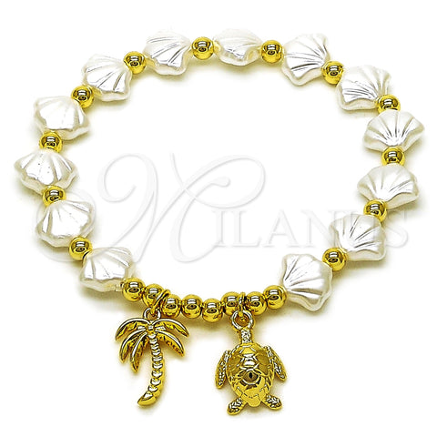 Oro Laminado Fancy Bracelet, Gold Filled Style Turtle and Palm Tree Design, with Ivory Pearl, Polished, Golden Finish, 03.341.0255.07