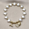 Oro Laminado Fancy Bracelet, Gold Filled Style Shell and Fish Design, with Ivory Pearl and White Micro Pave, Polished, Golden Finish, 03.341.0257.07