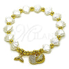 Oro Laminado Fancy Bracelet, Gold Filled Style Shell and Fish Design, with Ivory Pearl and White Micro Pave, Polished, Golden Finish, 03.341.0257.07