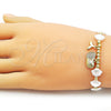 Oro Laminado Fancy Bracelet, Gold Filled Style Shell and Fish Design, with Ivory Pearl and White Micro Pave, Polished, Golden Finish, 03.341.0257.07 (Thickness, 7 Inches Length)
