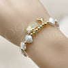 Oro Laminado Fancy Bracelet, Gold Filled Style Shell and Fish Design, with Ivory Pearl and White Micro Pave, Polished, Golden Finish, 03.341.0257.07 (Thickness, 7 Inches Length)