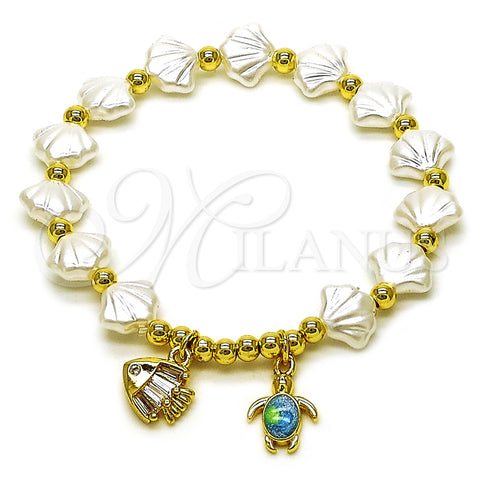 Oro Laminado Fancy Bracelet, Gold Filled Style Shell and Turtle Design, with Ivory Pearl and White Cubic Zirconia, Polished, Golden Finish, 03.341.0258.07