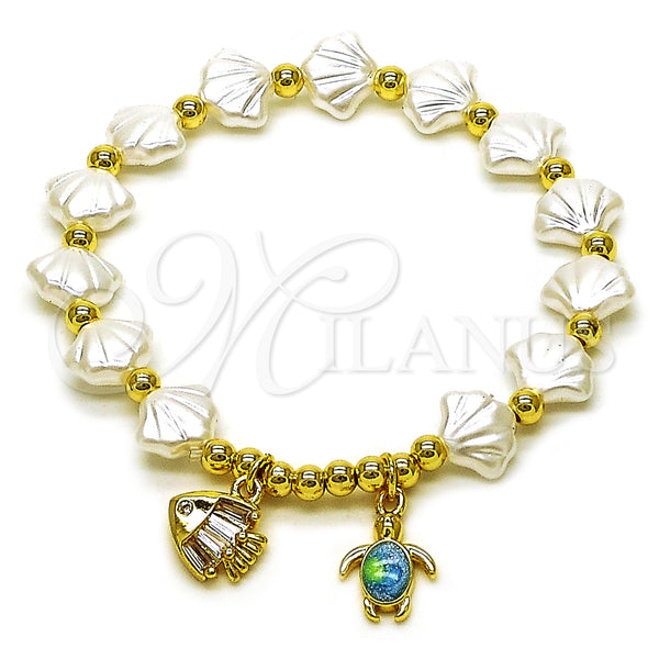 Oro Laminado Fancy Bracelet, Gold Filled Style Shell and Turtle Design, with Ivory Pearl and White Cubic Zirconia, Polished, Golden Finish, 03.341.0258.07 (Thickness, 7 Inches Length)