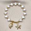 Oro Laminado Fancy Bracelet, Gold Filled Style Star Design, with Ivory Pearl and White Micro Pave, Polished, Golden Finish, 03.341.0259.07