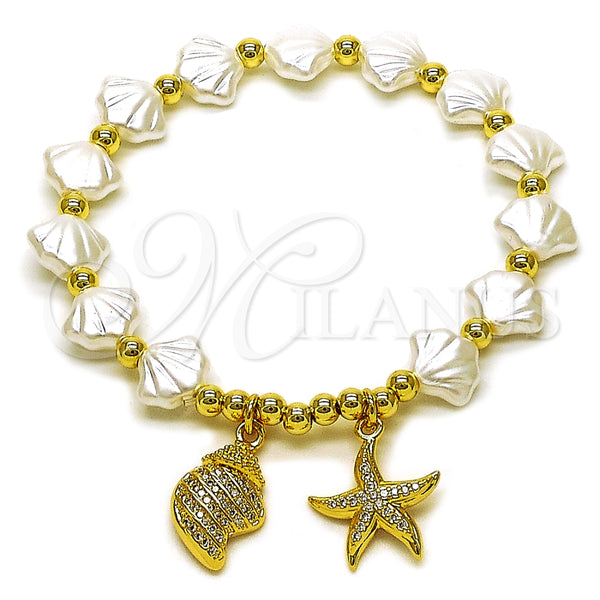 Oro Laminado Fancy Bracelet, Gold Filled Style Star Design, with Ivory Pearl and White Micro Pave, Polished, Golden Finish, 03.341.0259.07