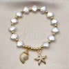 Oro Laminado Fancy Bracelet, Gold Filled Style Star and Snail Design, with Ivory Pearl and White Micro Pave, Polished, Golden Finish, 03.341.0259.07 (Thickness, 7 Inches Length)