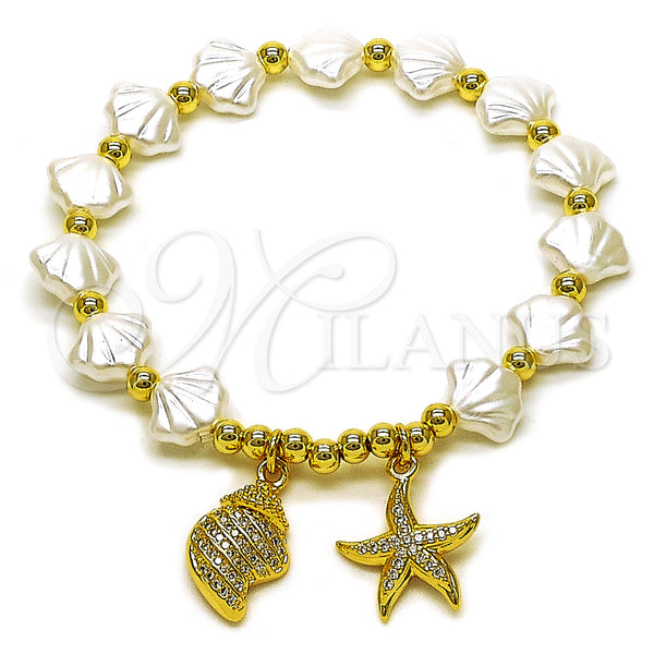 Oro Laminado Fancy Bracelet, Gold Filled Style Star and Snail Design, with Ivory Pearl and White Micro Pave, Polished, Golden Finish, 03.341.0259.07 (Thickness, 7 Inches Length)