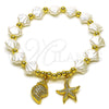 Oro Laminado Fancy Bracelet, Gold Filled Style Star and Snail Design, with Ivory Pearl and White Micro Pave, Polished, Golden Finish, 03.341.0259.07 (Thickness, 7 Inches Length)