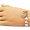 Oro Laminado Fancy Bracelet, Gold Filled Style Shell and Expandable Bead Design, with White Cubic Zirconia and Ivory Pearl, Polished, Golden Finish, 03.341.0260.07 (Thickness, 7 Inches Length)