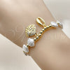 Oro Laminado Fancy Bracelet, Gold Filled Style Shell and Expandable Bead Design, with White Cubic Zirconia and Ivory Pearl, Polished, Golden Finish, 03.341.0260.07 (Thickness, 7 Inches Length)