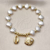 Oro Laminado Fancy Bracelet, Gold Filled Style Shell and Expandable Bead Design, with White Cubic Zirconia and Ivory Pearl, Polished, Golden Finish, 03.341.0260.07 (Thickness, 7 Inches Length)