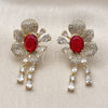Oro Laminado Stud Earring, Gold Filled Style Cluster and Flower Design, with Garnet and White Cubic Zirconia, Polished, Golden Finish, 02.436.0001